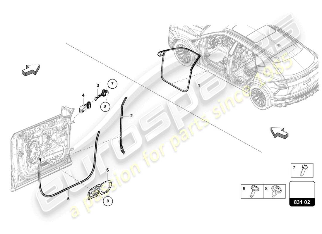 lamborghini urus (2021) diagrama de pieza del sello de puerta delantera