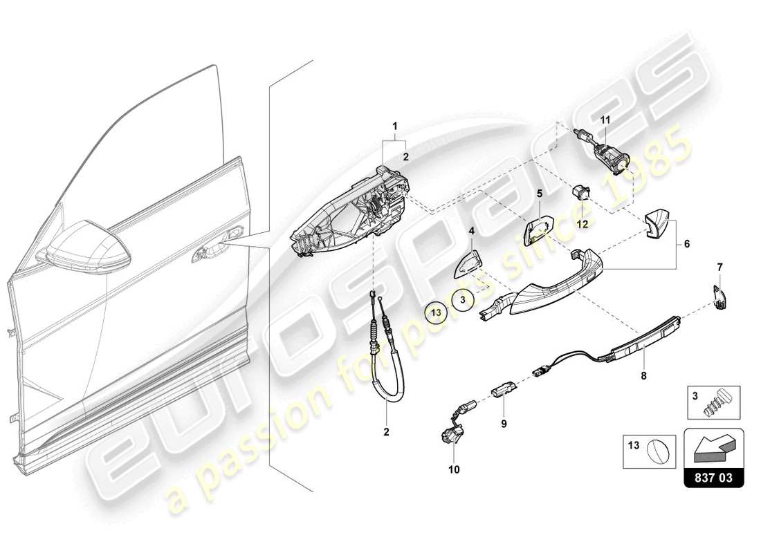 lamborghini urus (2021) manija de puerta delantera exterior diagrama de piezas