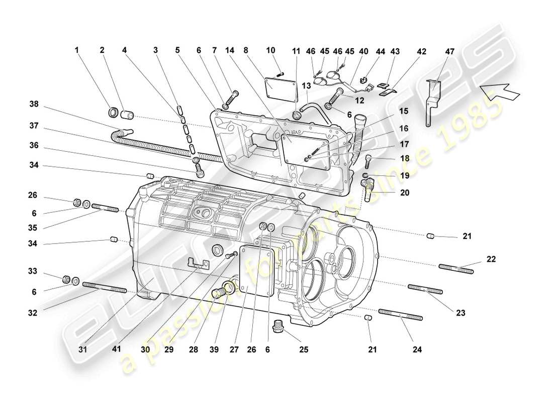 lamborghini lp640 coupe (2009) carcasa de caja de cambios y accesorios diagrama de piezas