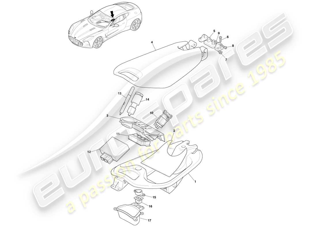 aston martin one-77 (2011) diagrama de piezas de la consola central con apoyabrazos