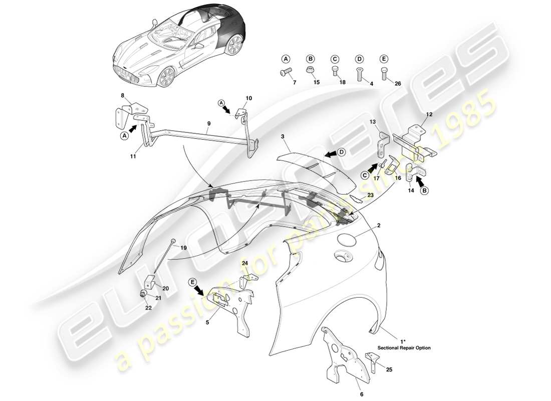 aston martin one-77 (2011) paneles del cuarto trasero diagrama de piezas