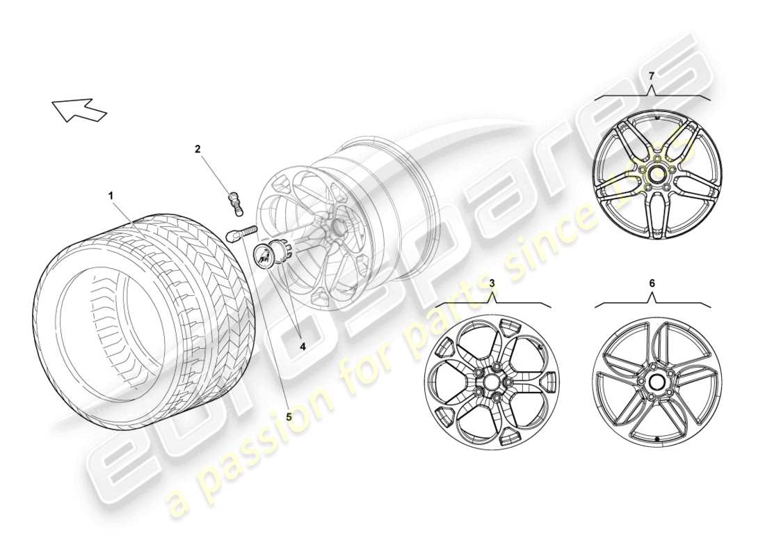 lamborghini lp640 roadster (2010) llanta de aluminio trasera diagrama de piezas