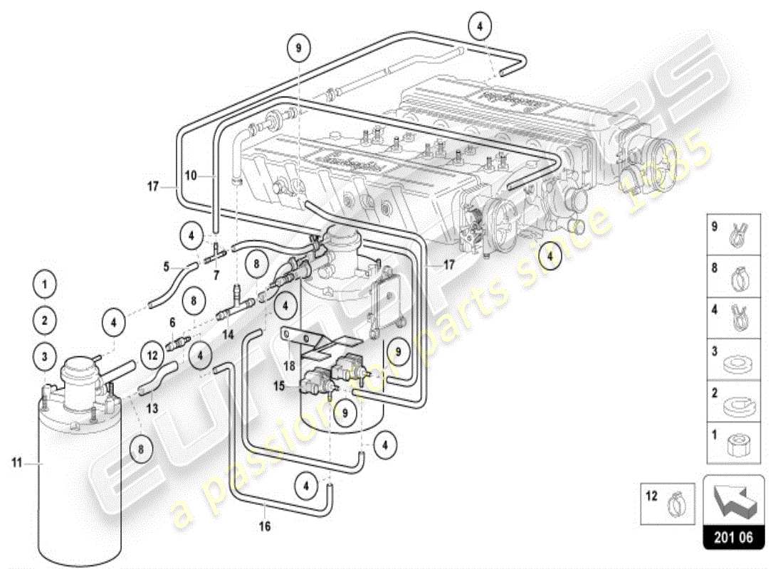 lamborghini diablo vt (1998) sistema de filtro de carbón activado diagrama de piezas