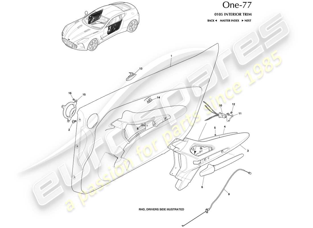 aston martin one-77 (2011) revestimiento de las puertas diagrama de piezas