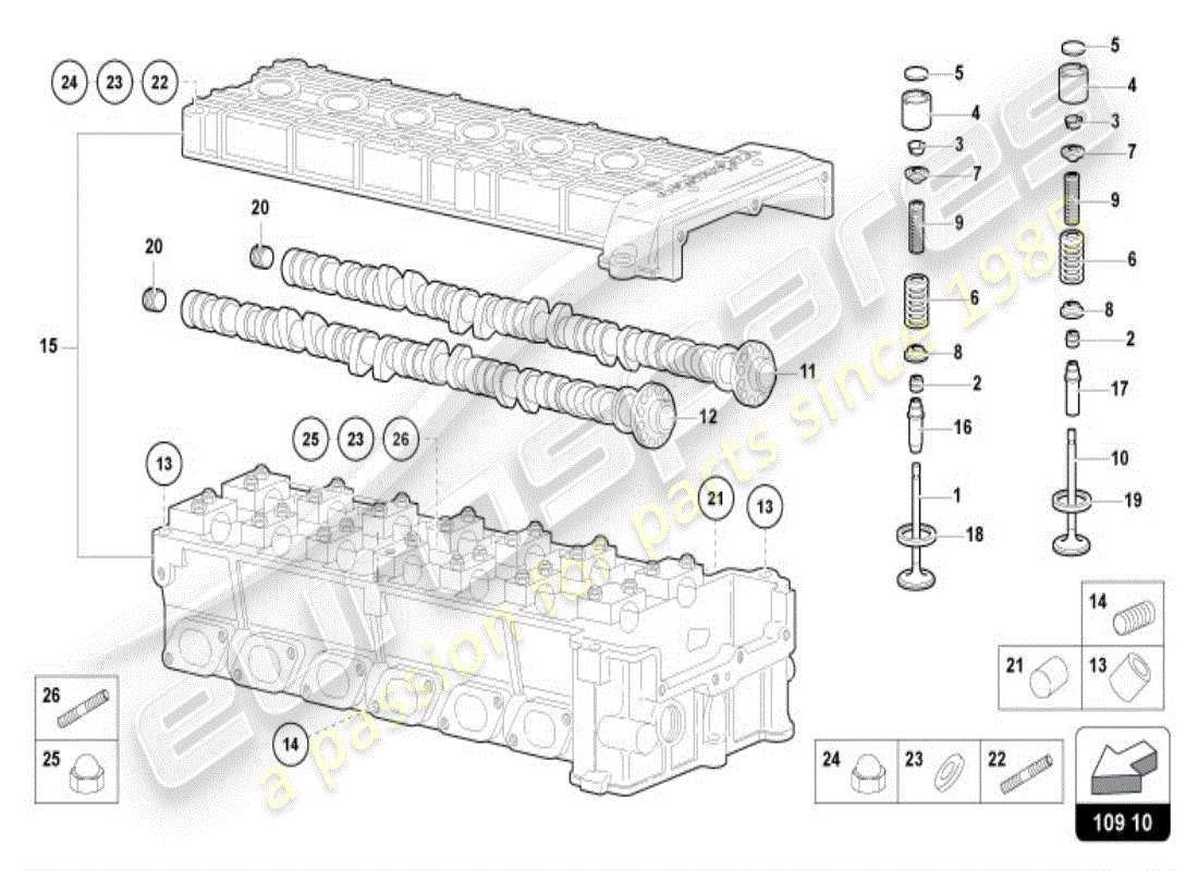 lamborghini diablo vt (1999) árbol de levas de cabeza derecha diagrama de piezas