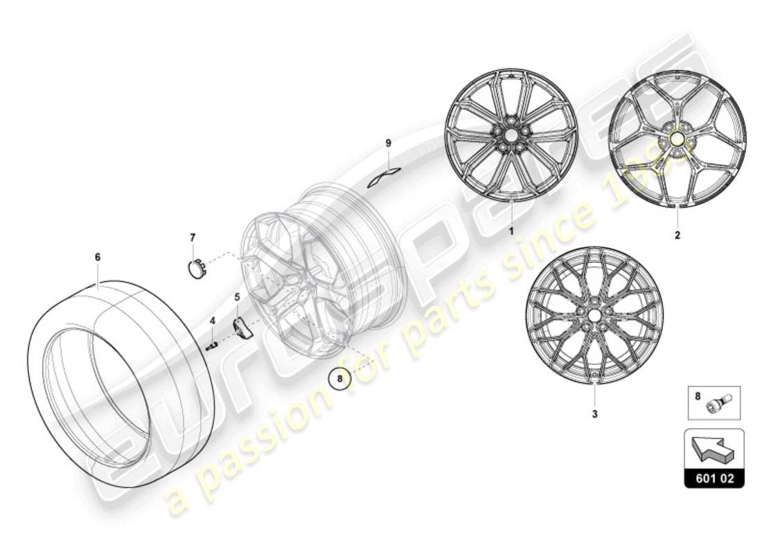 lamborghini revuelto coupe (2024) ruedas/neumáticos trasero diagrama de piezas