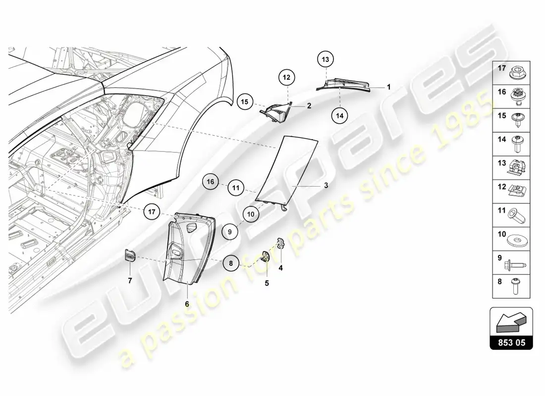 lamborghini performante coupe (2019) placa de cobertura para lateral diagrama de piezas