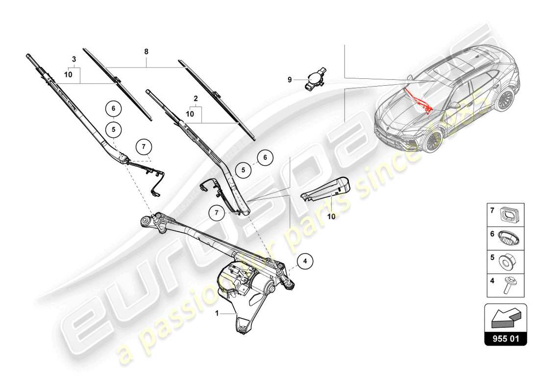 lamborghini urus (2021) diagrama de piezas del limpiaparabrisas