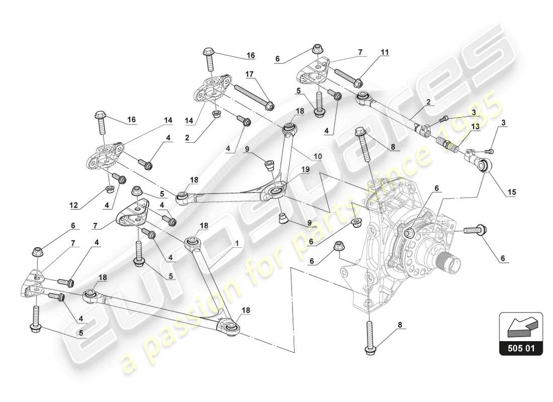 lamborghini gt3 (2017) diagrama de piezas de los brazos de suspensión trasera