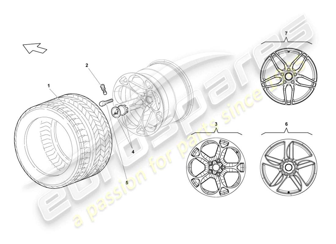 lamborghini lp640 coupe (2009) diagrama de piezas de la llanta trasera de aluminio