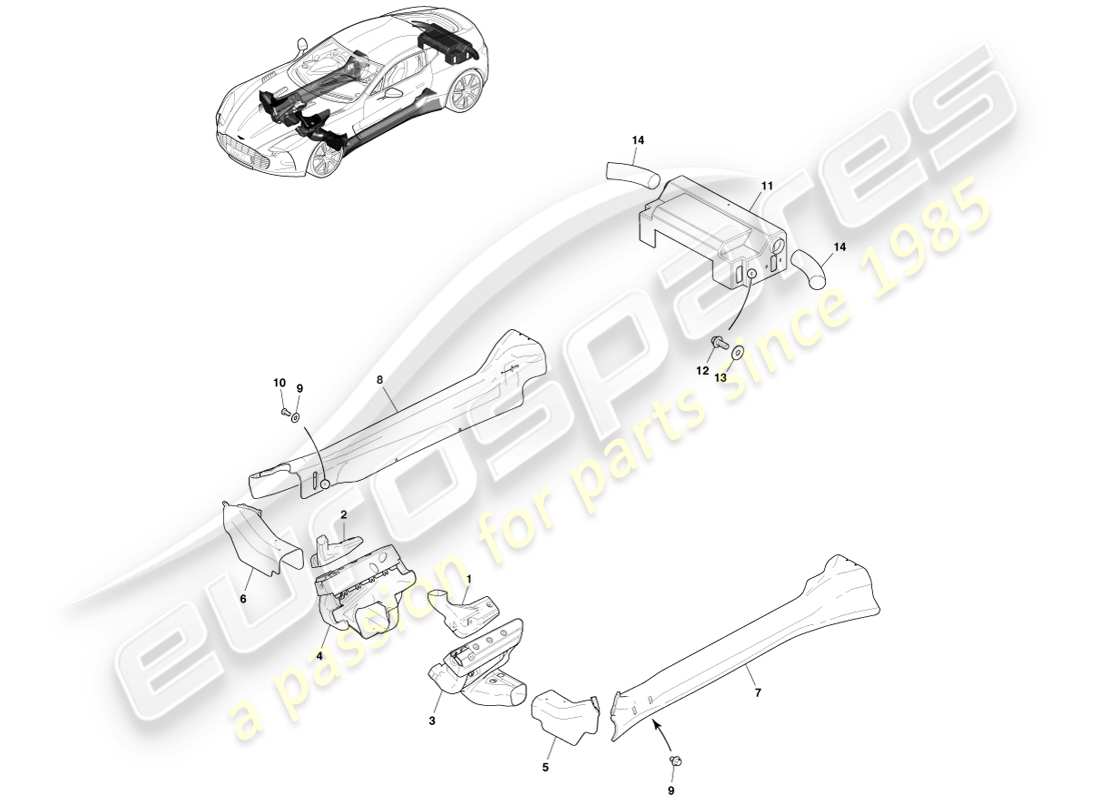 aston martin one-77 (2011) diagrama de piezas del conjunto del protector térmico de escape
