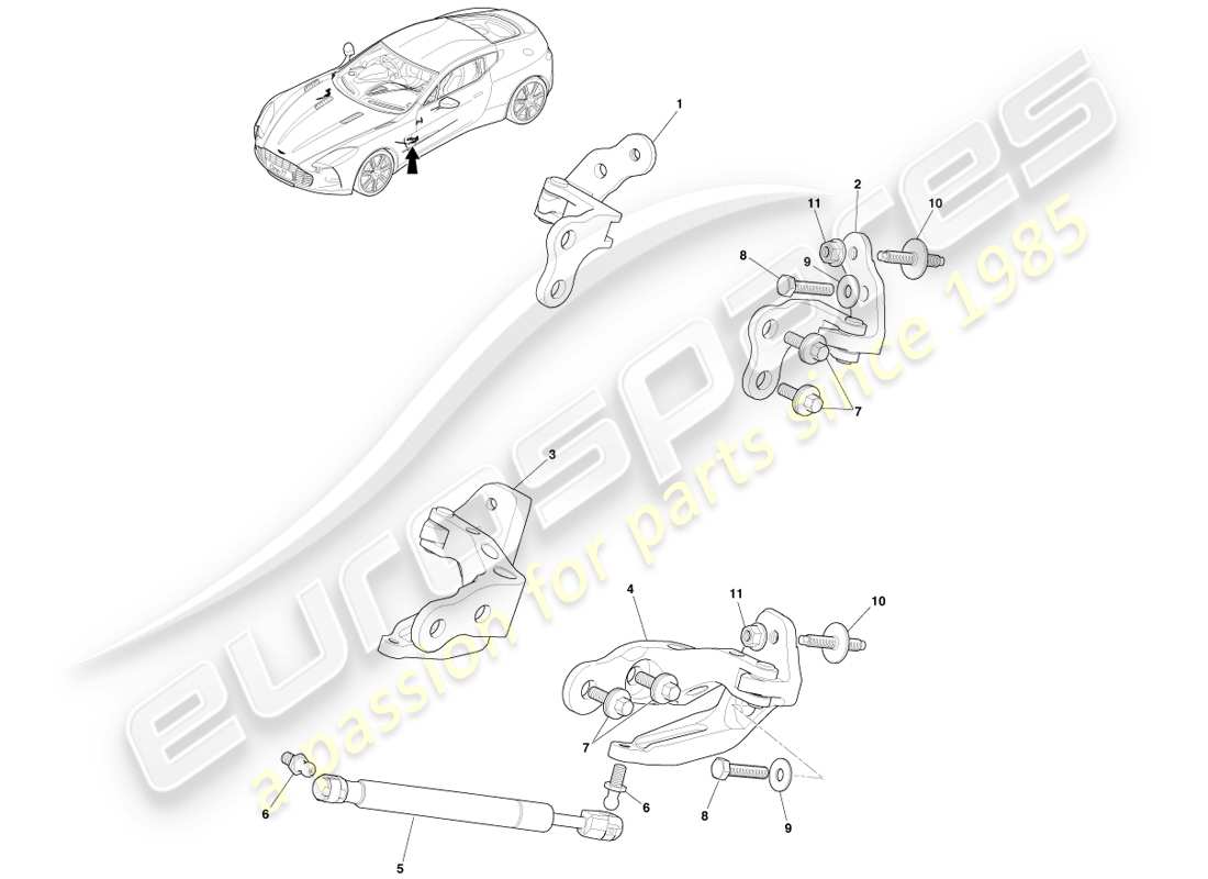 aston martin one-77 (2011) diagrama de piezas de las bisagras de la puerta delantera
