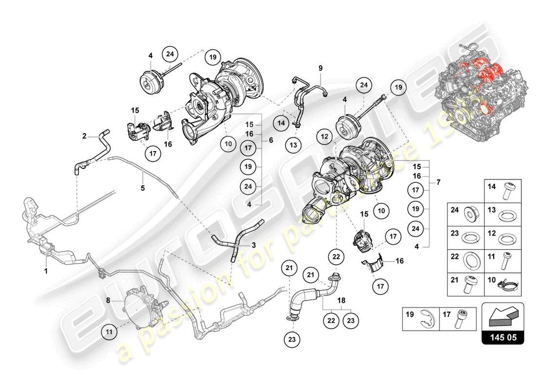 lamborghini urus (2022) diagrama de piezas del turbocompresor de gas de escape