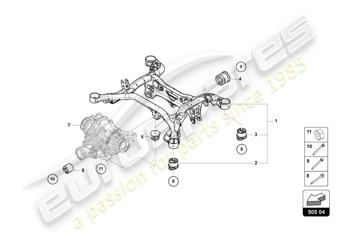 lamborghini urus (2022) diagrama de piezas trasero del subchasis de suspensión