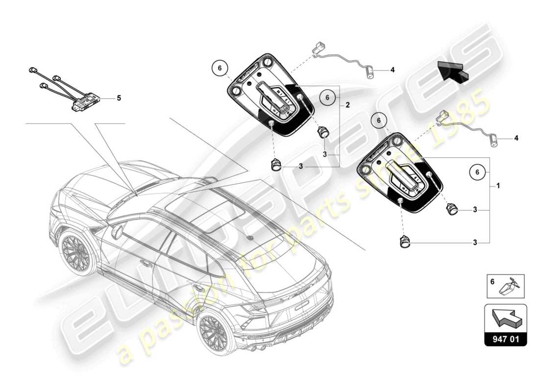 lamborghini urus (2022) diagrama de piezas de luz interior y de lectura