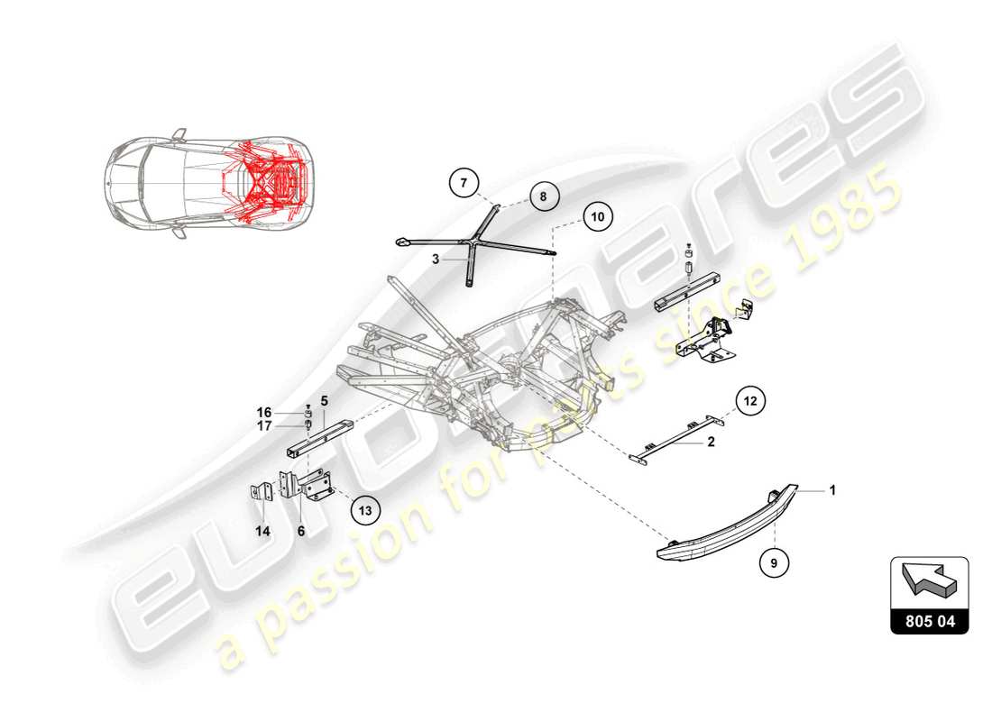 lamborghini super trofeo evo (2018) elementos exteriores del marco trasero diagrama de piezas