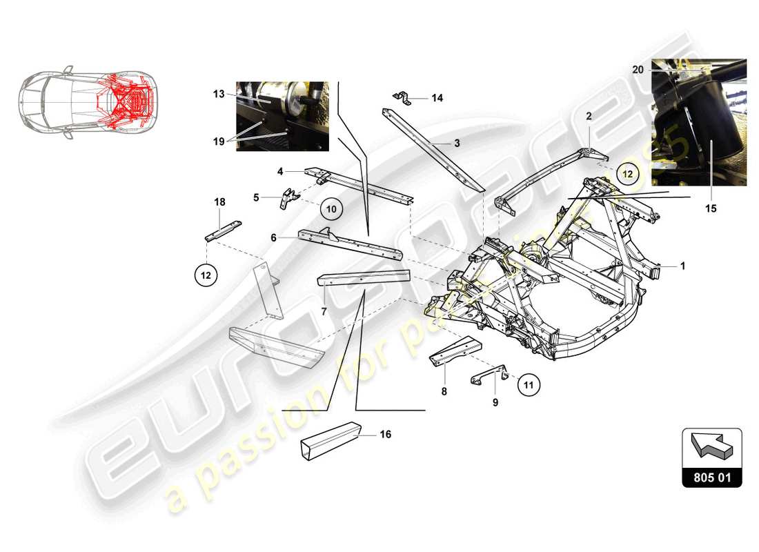 lamborghini 2016 (super trofeo) elementos interiores del marco trasero diagrama de piezas