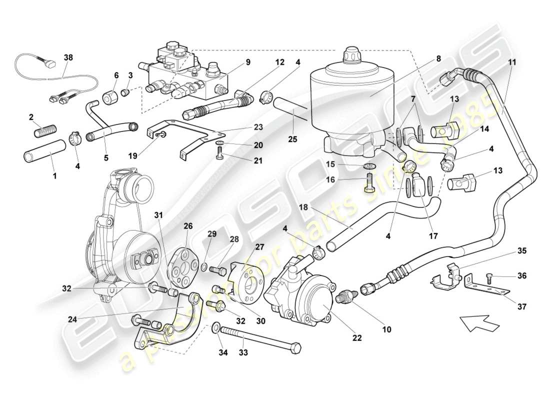 lamborghini reventon sistema hidráulico y depósito de líquido con conector. piezas diagrama de piezas
