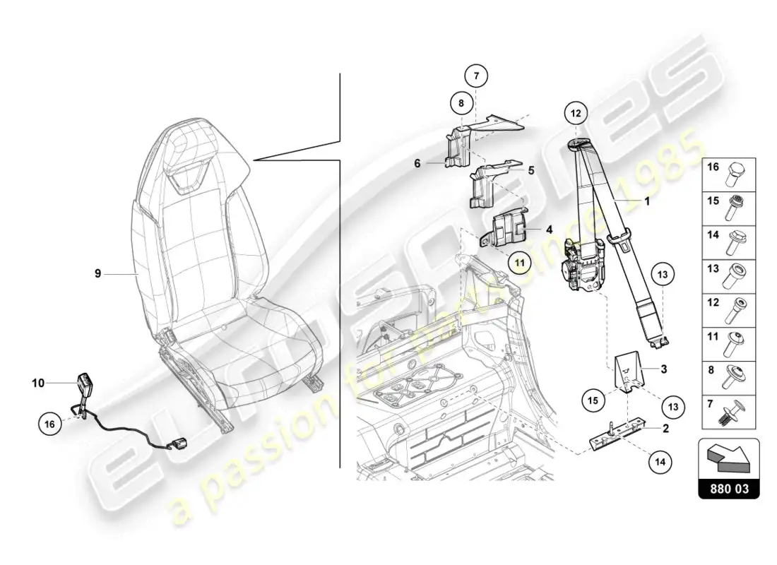 lamborghini evo spyder 2wd (2020) cinturones de seguridad diagrama de piezas
