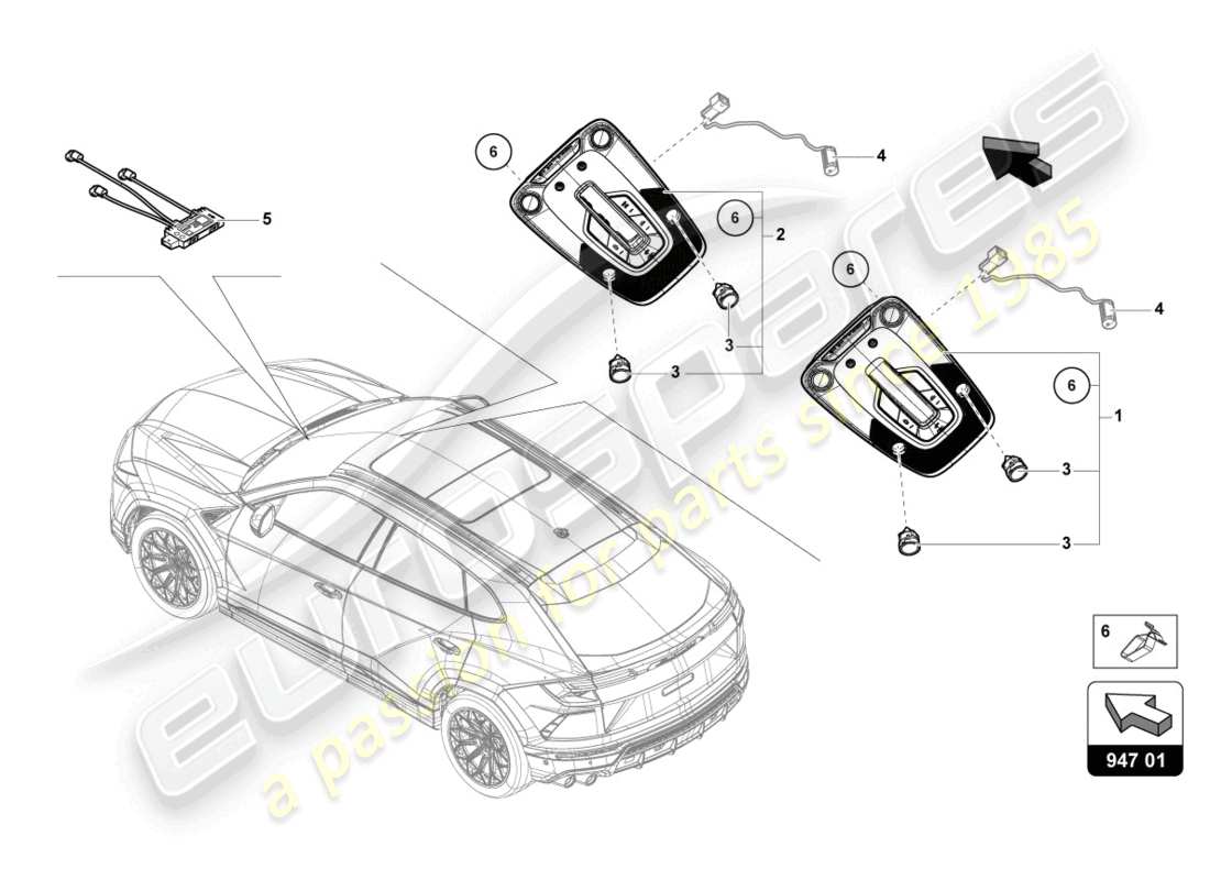 lamborghini urus (2021) diagrama de piezas de luz interior y de lectura