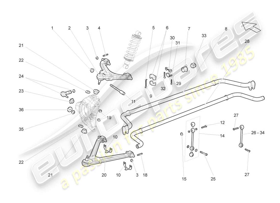 lamborghini gallardo coupe (2004) diagrama de piezas del eje delantero