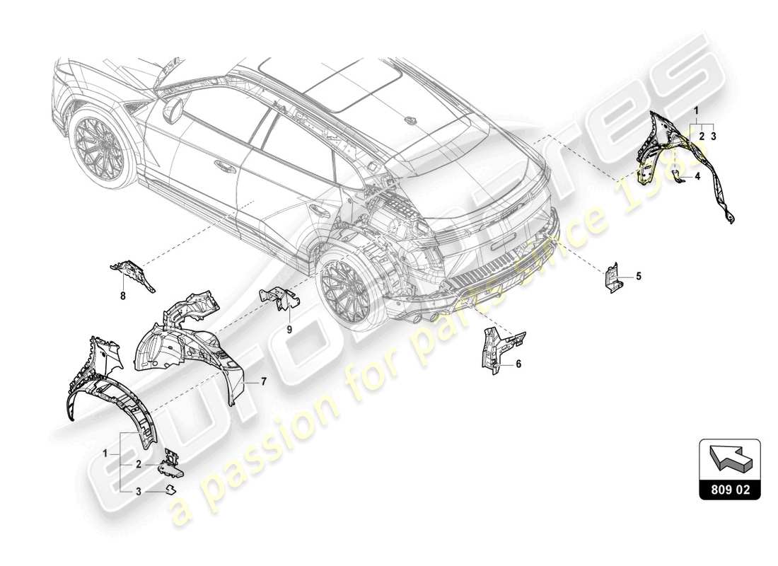lamborghini urus (2022) protector de ala trasero diagrama de pieza