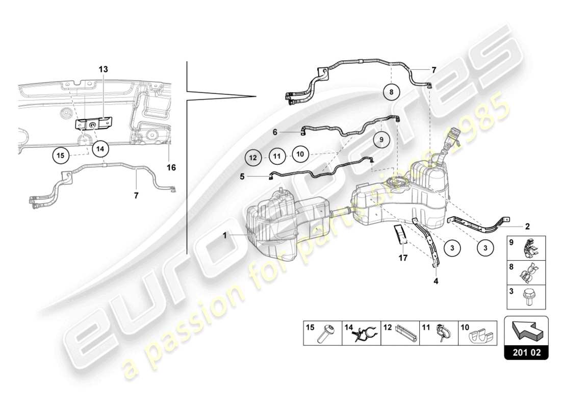 lamborghini tecnica (2023) para sujetadores de la línea de combustible y del tanque de combustible diagrama de piezas