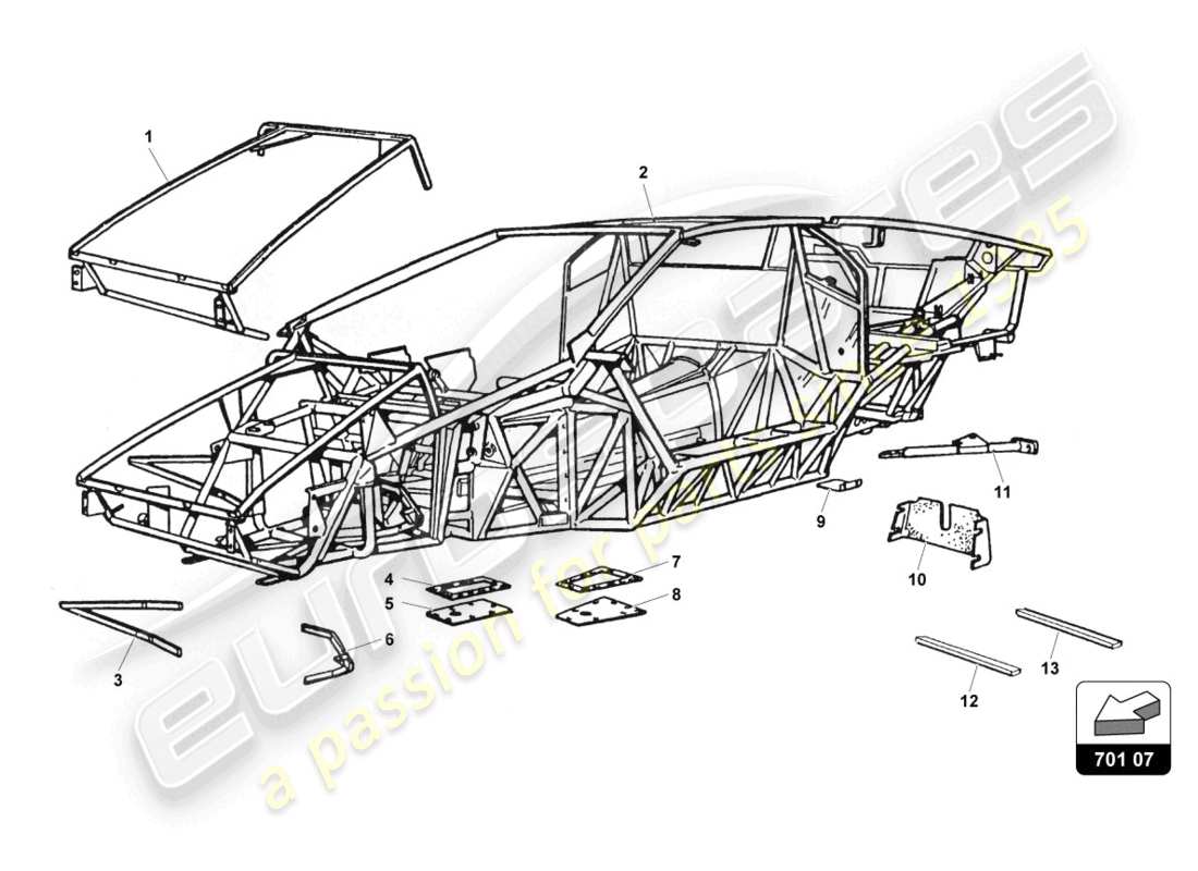 lamborghini countach 25th anniversary (1989) diagrama de piezas del marco