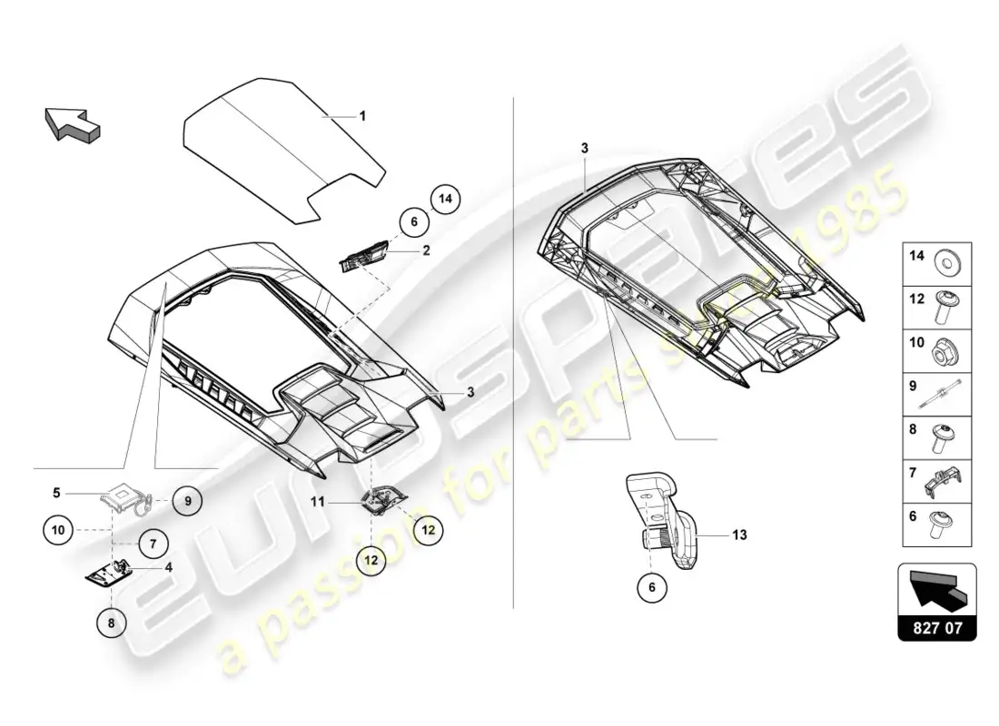 lamborghini performante coupe (2019) cubierta del motor con insp. diagrama de piezas de la cubierta