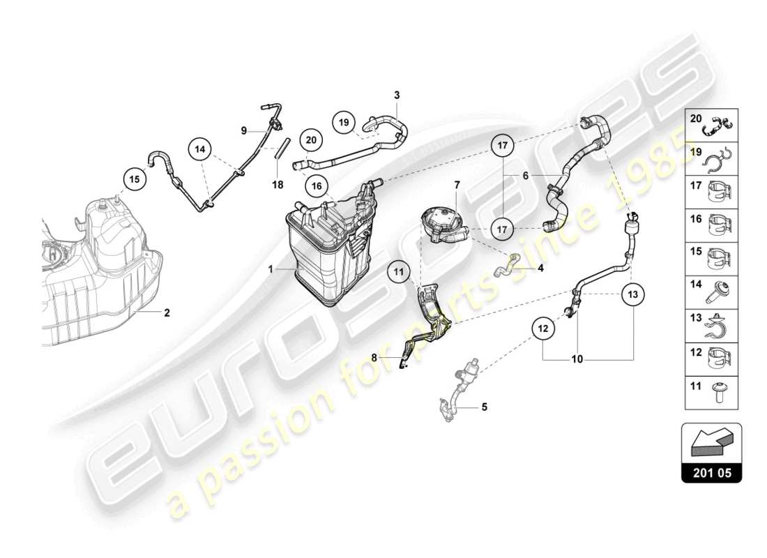 lamborghini evo coupe (2023) diagrama de piezas del recipiente de carbón activado