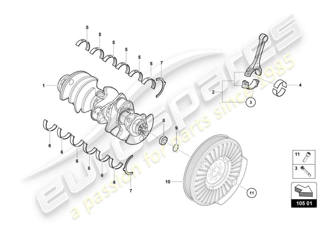 lamborghini evo coupe (2023) cigüeñal con cojinetes diagrama de piezas