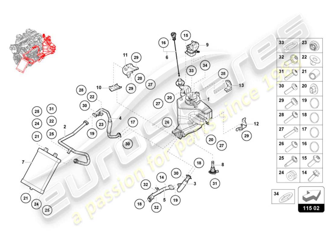 lamborghini revuelto coupe (2024) sistema hidráulico y depósito de líquido con conector. piezas diagrama de piezas