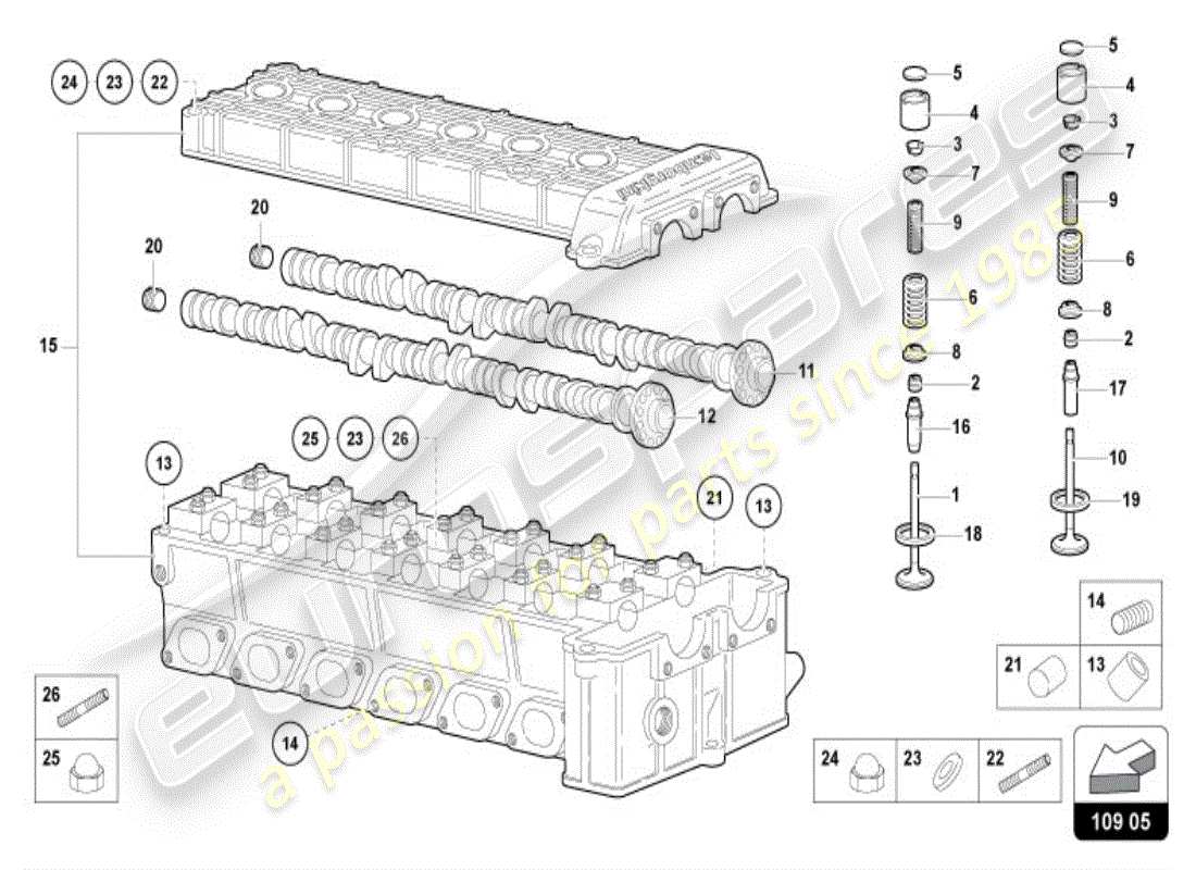lamborghini diablo vt (1997) árbol de levas de cabeza derecha diagrama de piezas