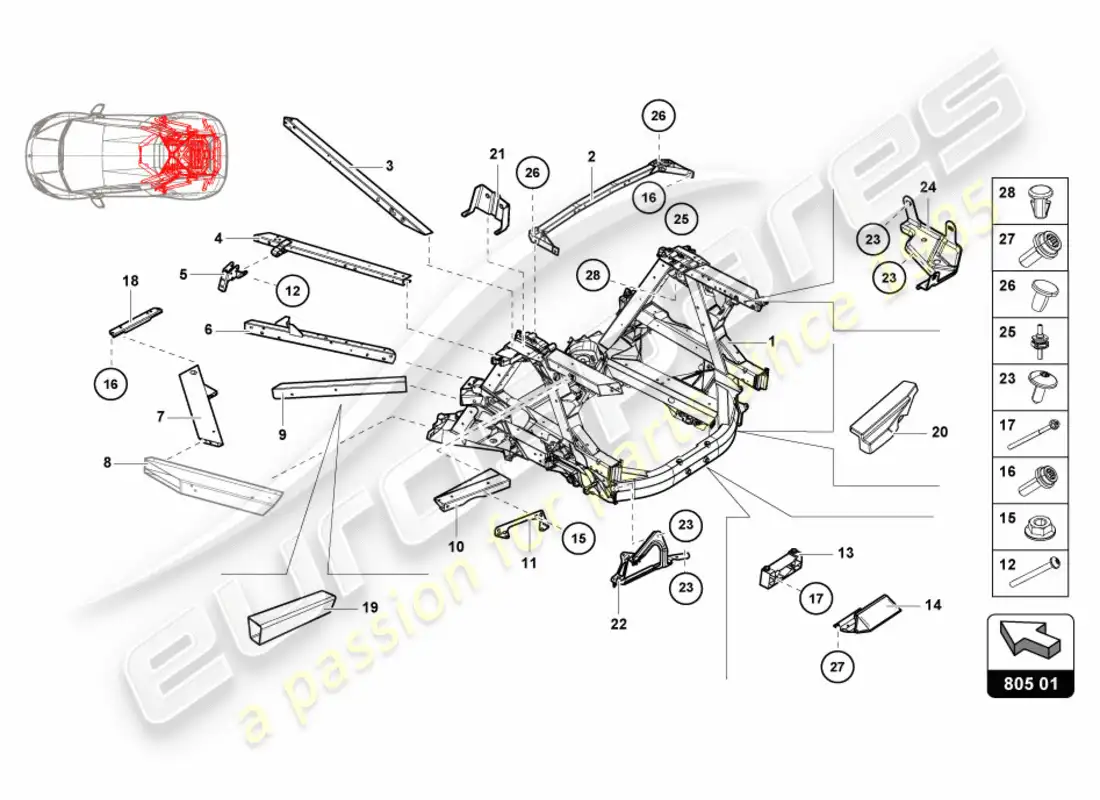 lamborghini performante coupe (2020) chasis trasero interior diagrama de piezas
