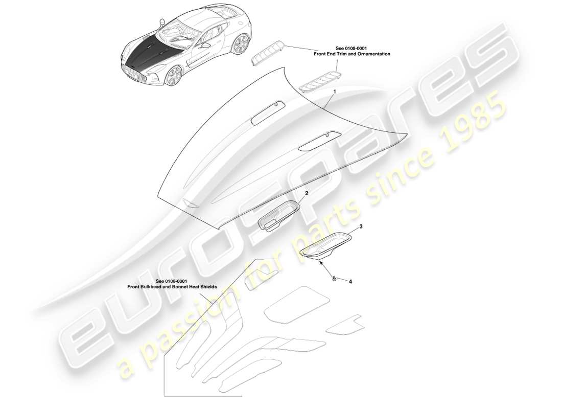 aston martin one-77 (2011) conjunto del capó diagrama de piezas