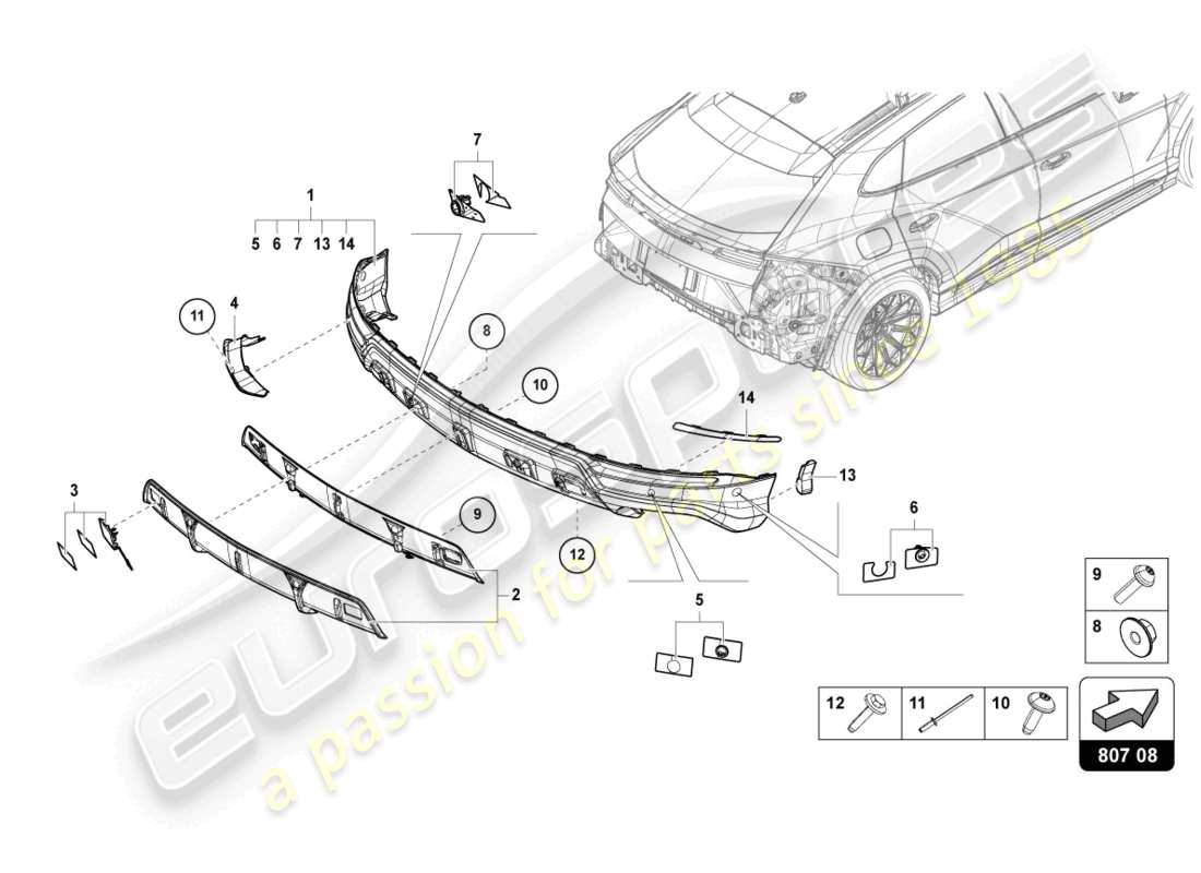 lamborghini urus (2022) parachoques trasero completo de carbono diagrama de piezas