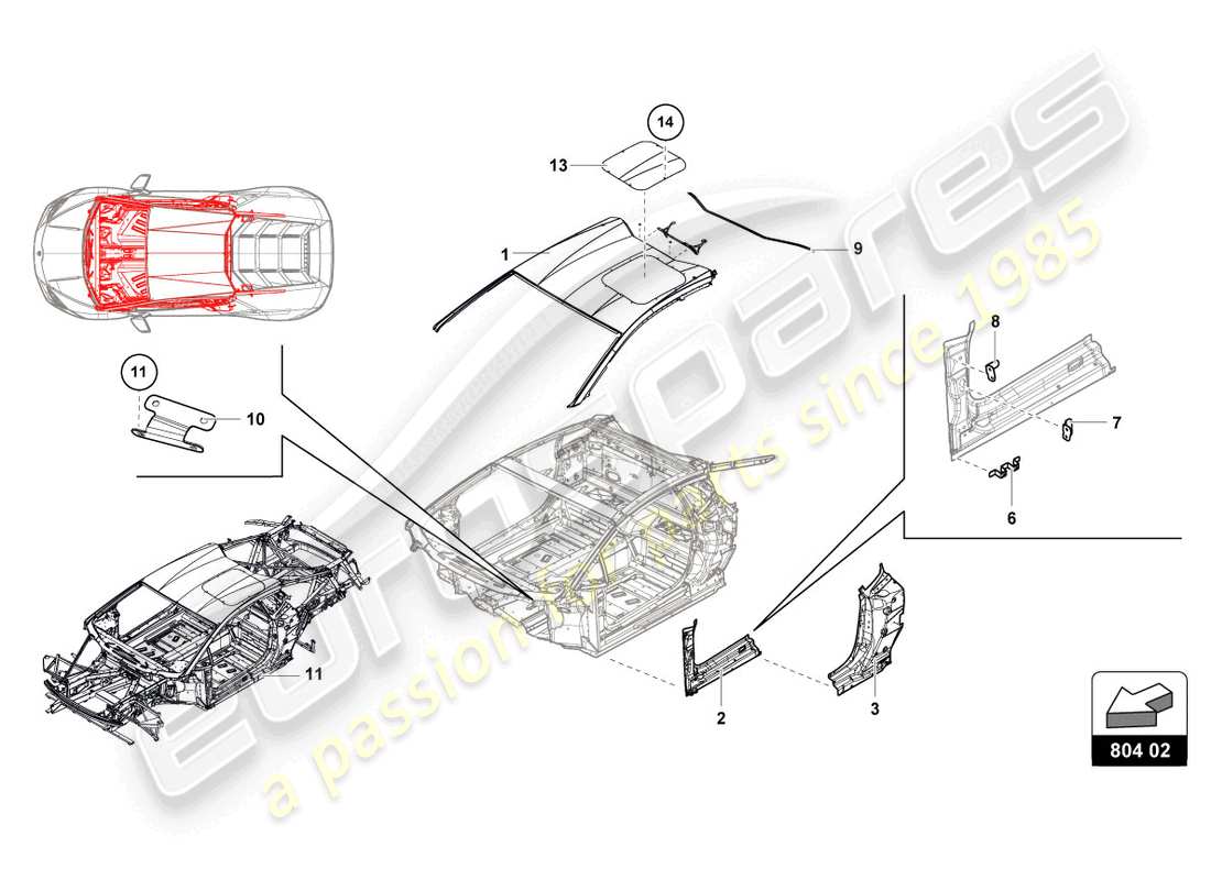 lamborghini super trofeo evo (2018) diagrama de piezas de cabina y techo