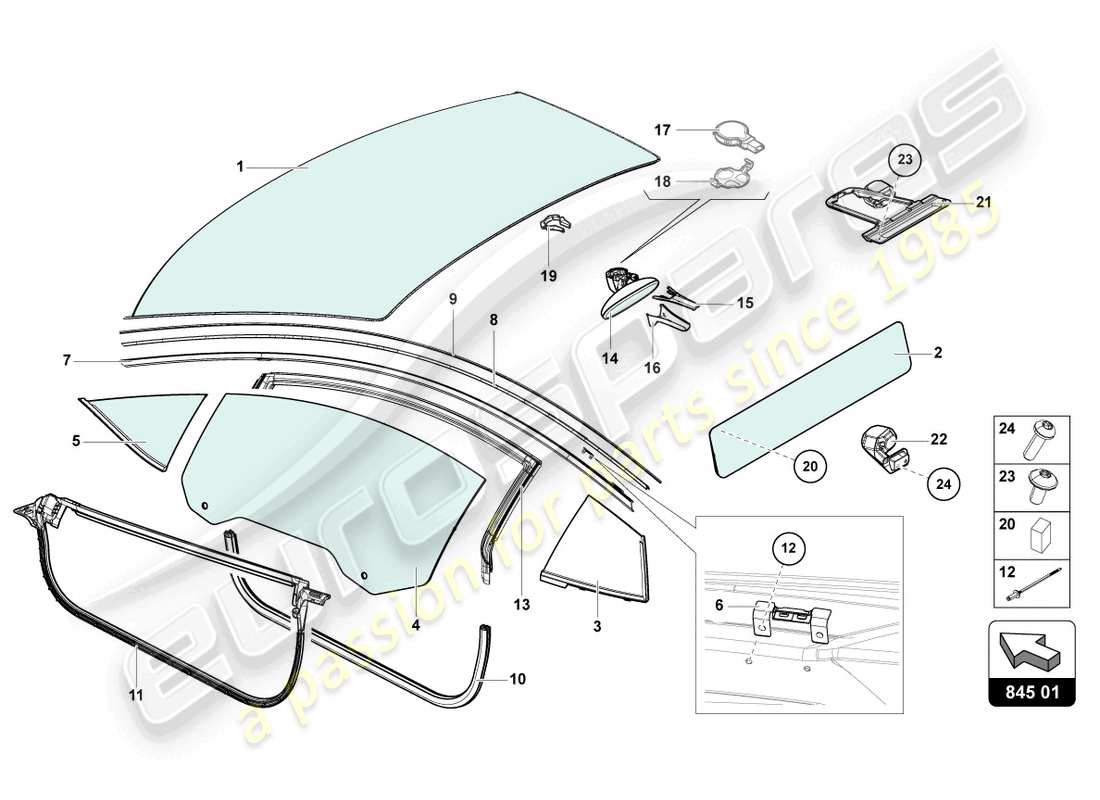 lamborghini ultimae (2022) diagrama de piezas de vidrios para ventanas