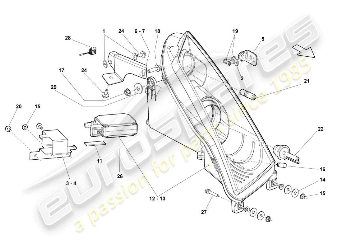 lamborghini gallardo spyder (2006) diagrama de piezas del faro de descarga de gas