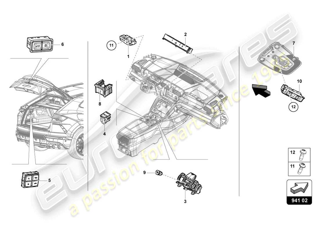 lamborghini urus (2021) panel de control con pulsadores esquema de piezas