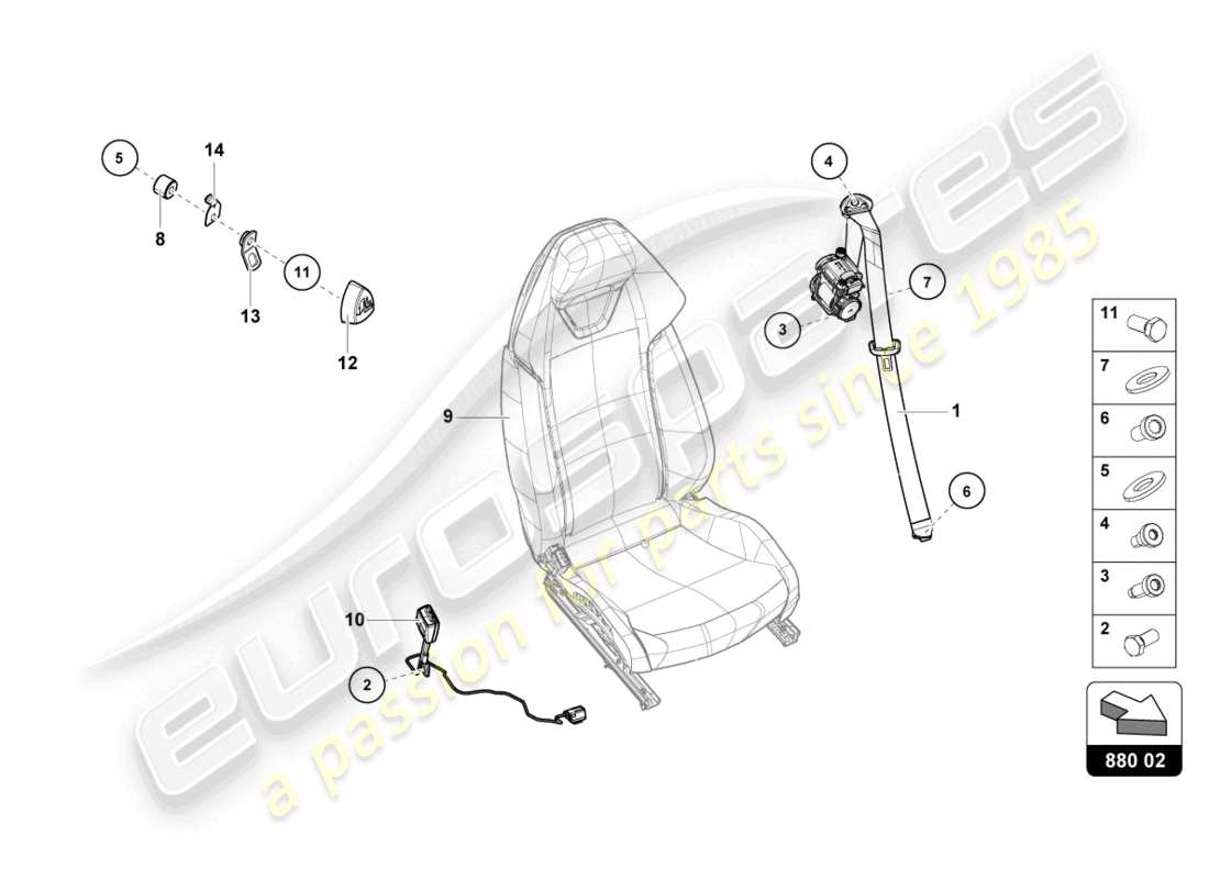 lamborghini 2022 (evo coupe) diagrama de piezas de cinturones de seguridad