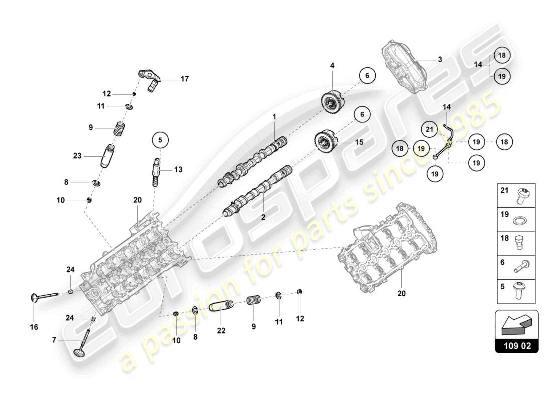 lamborghini evo coupe (2022) árbol de levas, válvulas diagrama de piezas