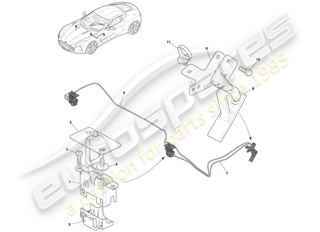 aston martin one-77 (2011) diagrama de piezas del sistema de cierre del capó