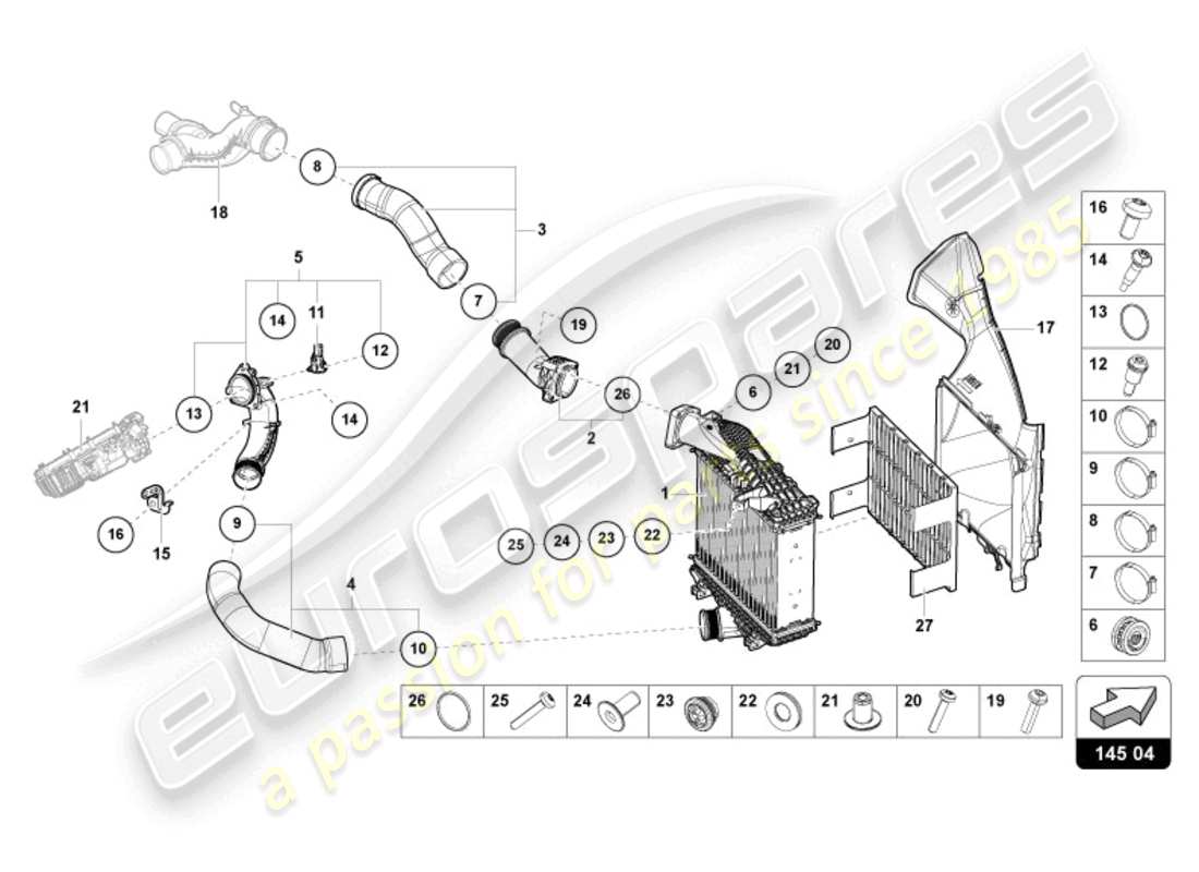lamborghini urus (2021) diagrama de pieza del enfriador de aire de carga derecho
