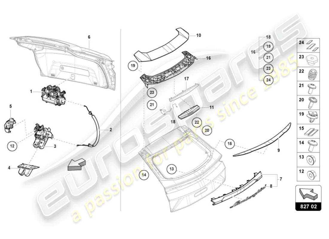 lamborghini urus (2019) diagrama de pieza trasero de la tapa trasera