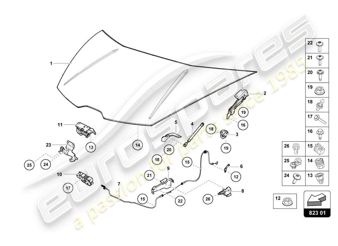 lamborghini evo spyder 2wd (2023) capó diagrama de piezas
