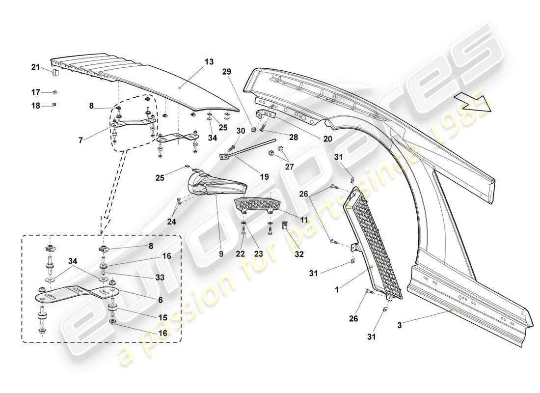 lamborghini gallardo coupe (2004) diagrama de pieza del ala trasera