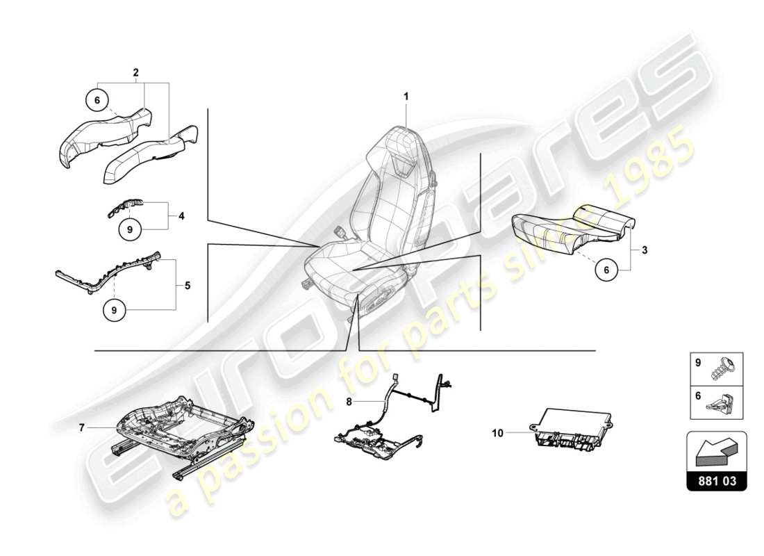 lamborghini evo coupe (2023) diagrama de piezas de la caja de asiento