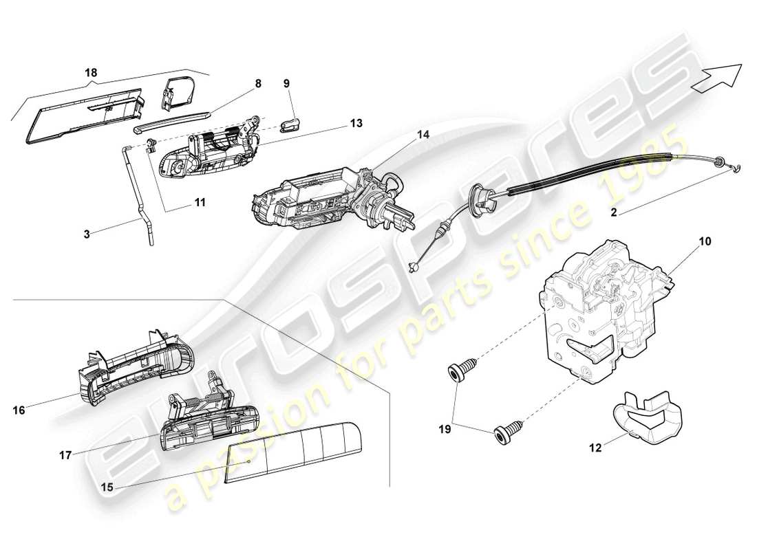 lamborghini gallardo coupe (2004) diagrama de piezas de la cerradura de la puerta