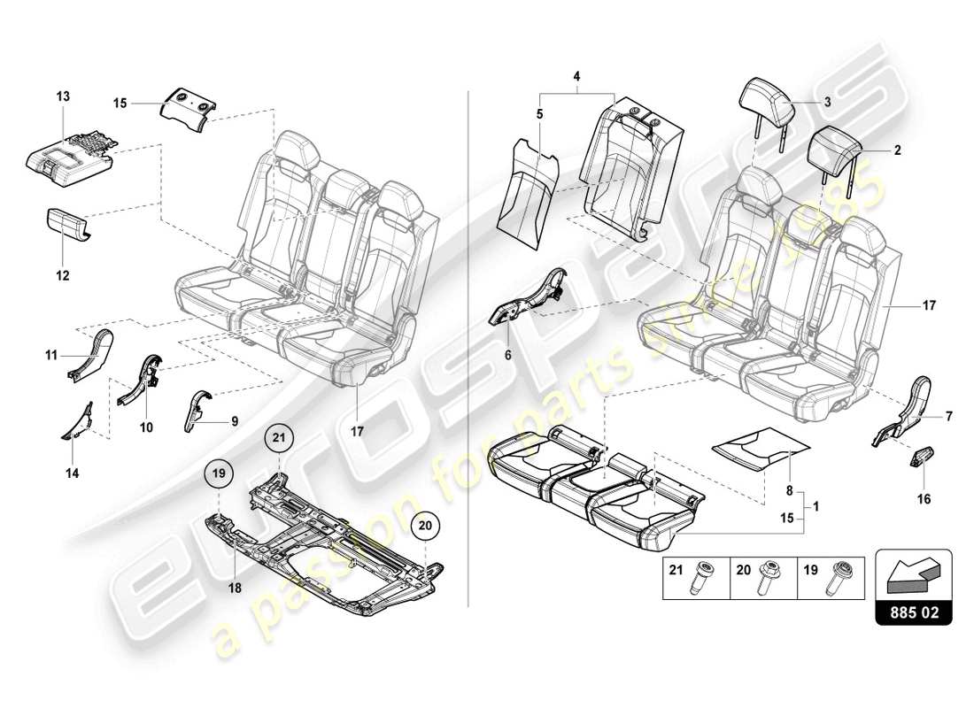 lamborghini urus s (2023) diagrama de piezas del asiento de banco (3-seater)